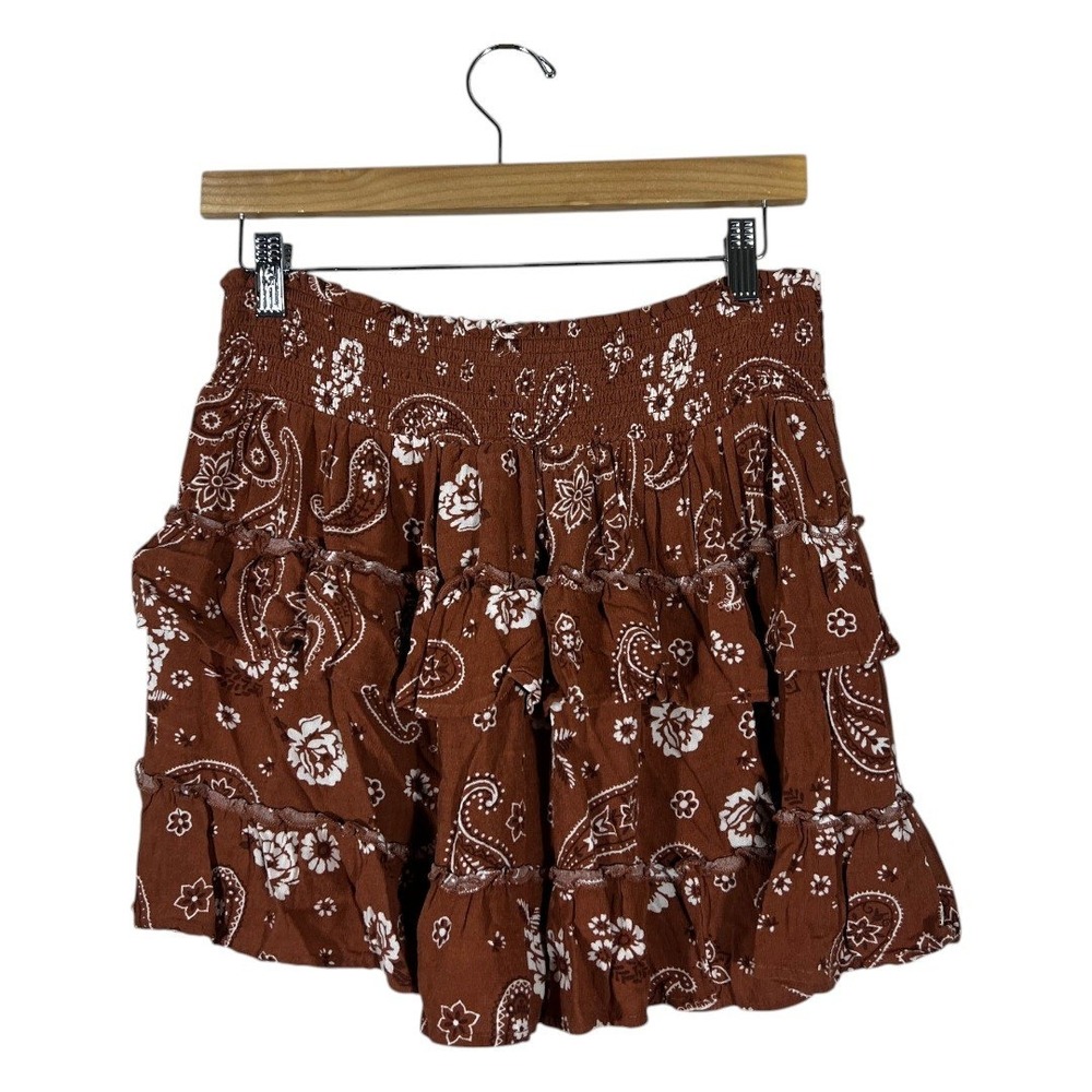 Aerie Tiered Ruffle Paisley Print Mini Skirt Brown Boho Festival Size M